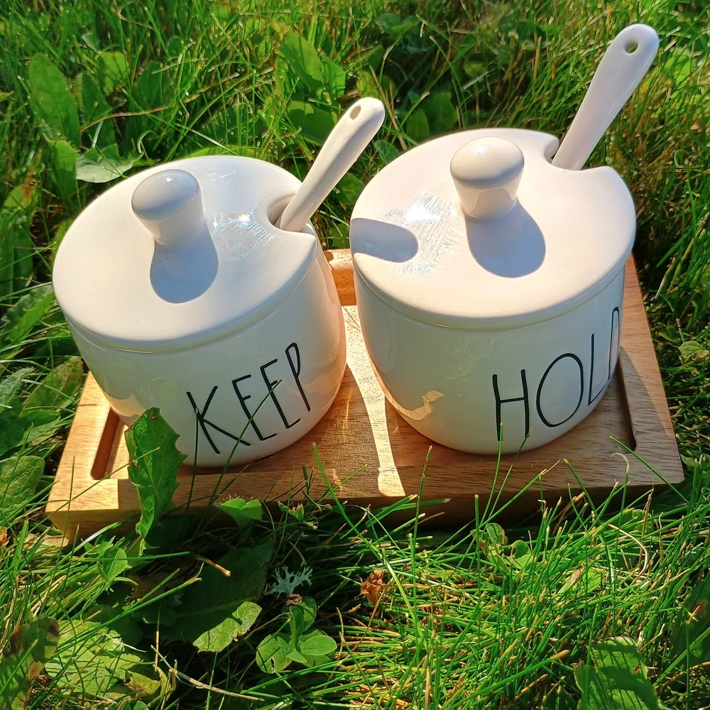 Rae Dunn Keep Hold ceramic serving pots w spoons, lids & base, farmhouse style